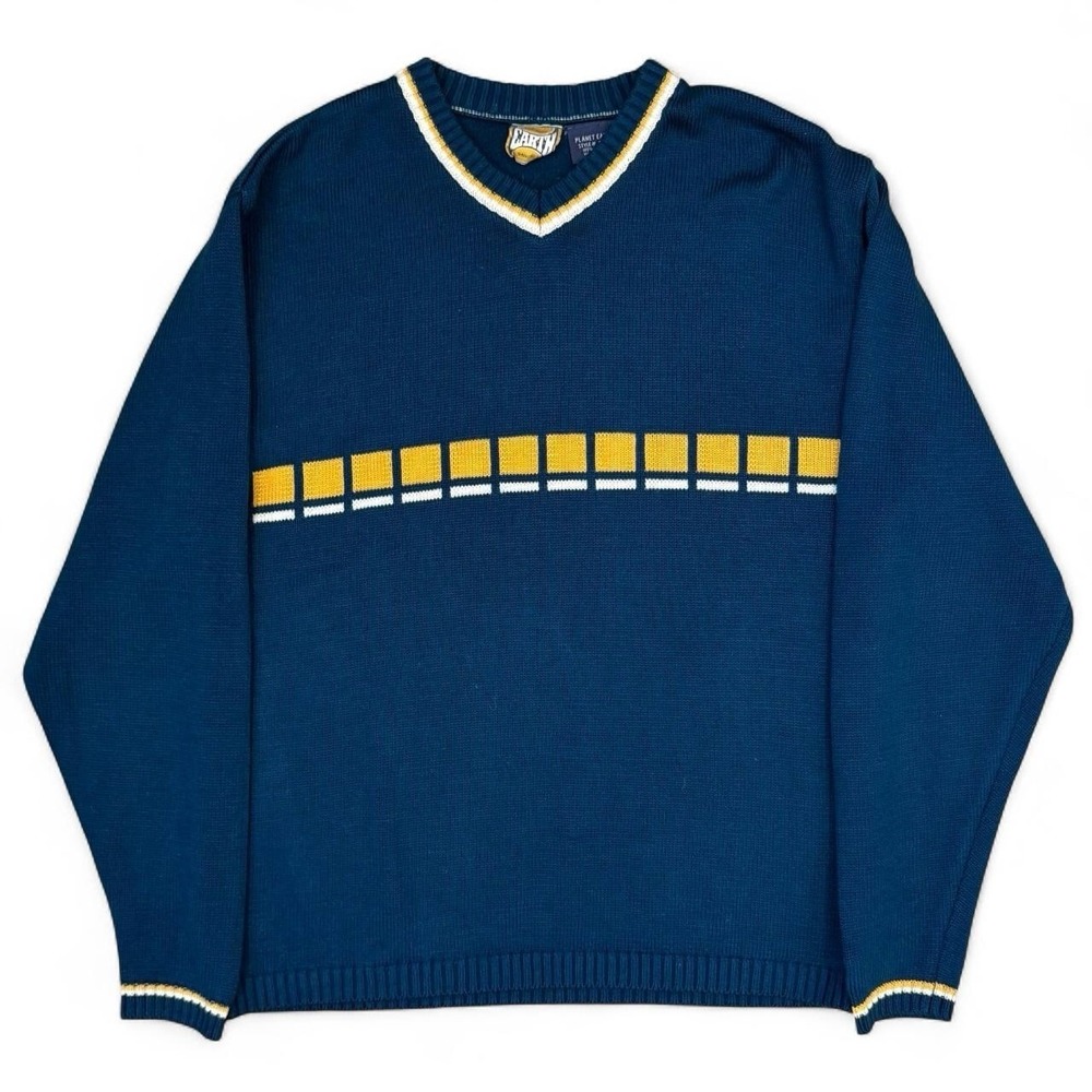Vintage Planet Earth Blue V-Neck Knit Sweatshirt Men's Medium Skater Preppy 90s